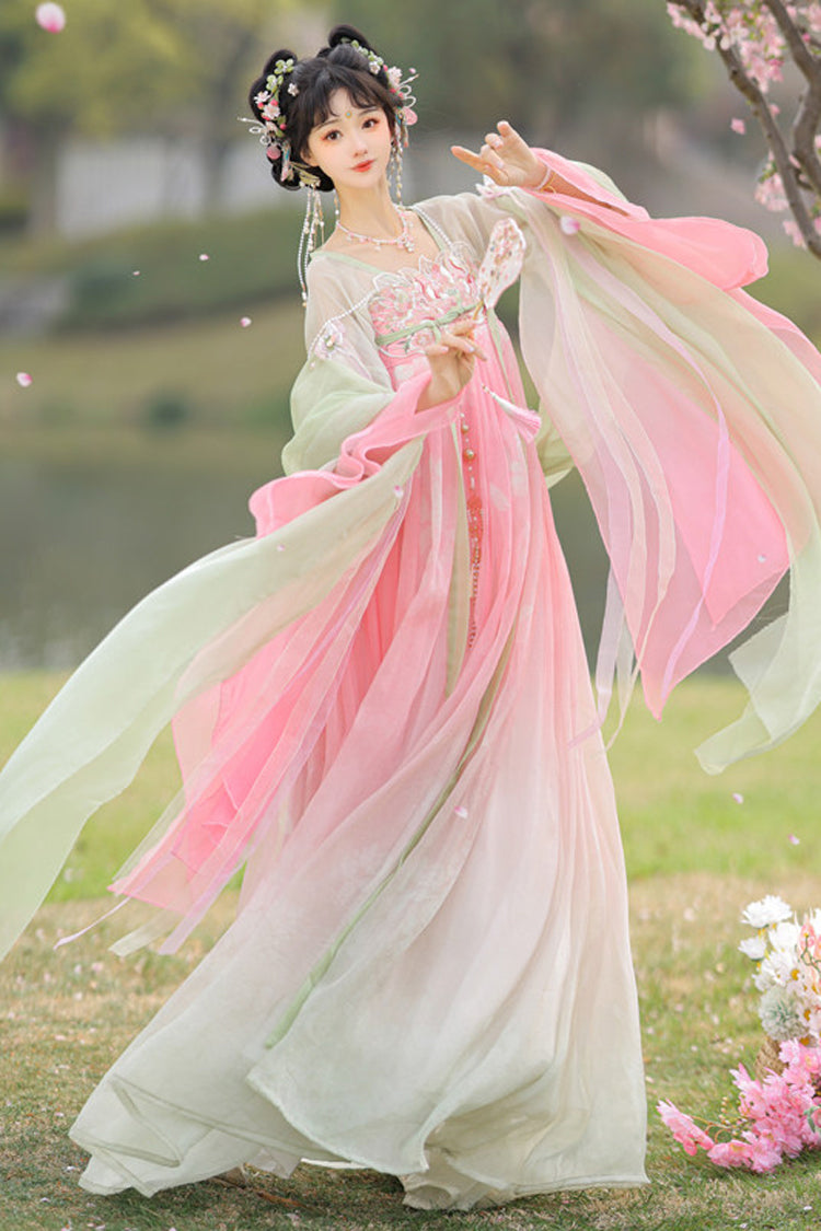 Pink/Green [Spring Awakening] High Waisted Embroidered Women's Sweet Hanfu Dress Set