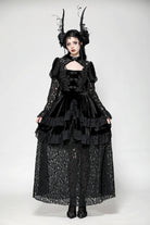 Black Long Puff Sleeves Cut-Out Lace Spliced Velvet Lace-Up Women's Gothic Princess Evening Dress