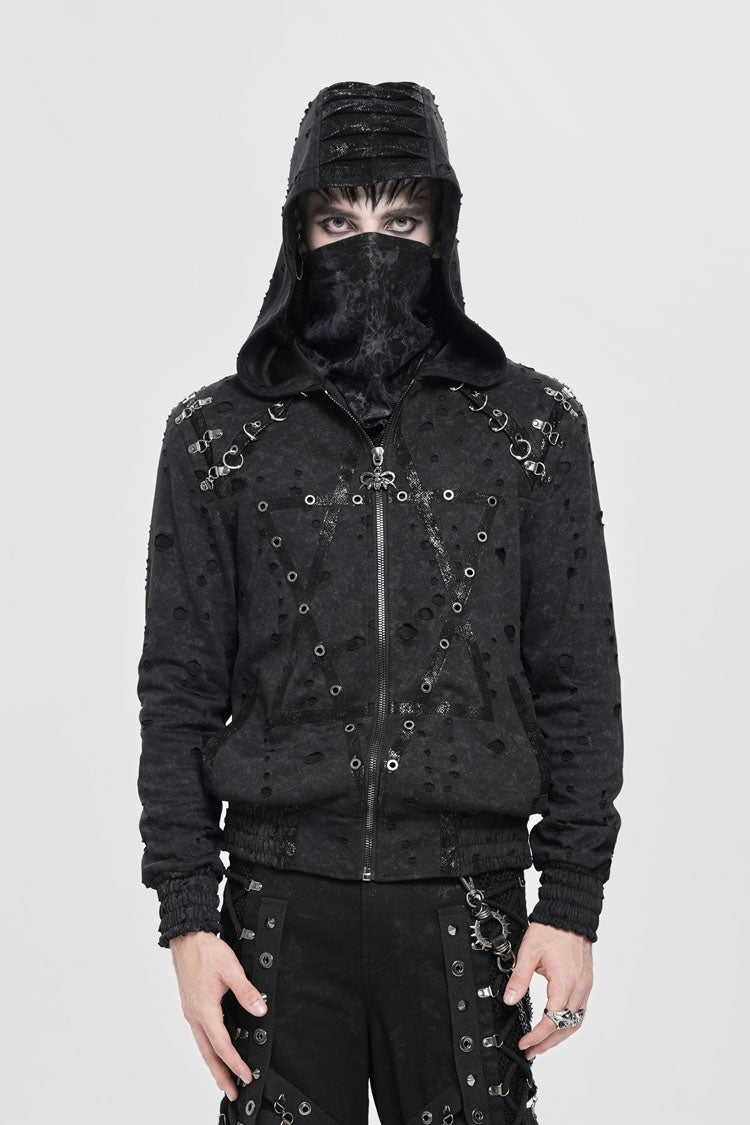 Black Long Sleeves Hexagram Print Hooded Ripped Pleated Men's Punk Coat