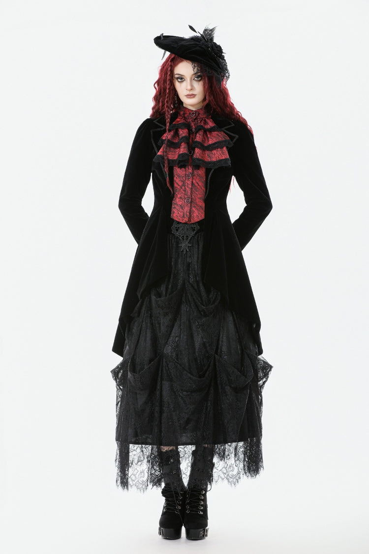 Black/Red Peak Lapel Collar Long Sleeves Multi-Layered Lace Mock Two-piece Women's Gothic Tailcoat