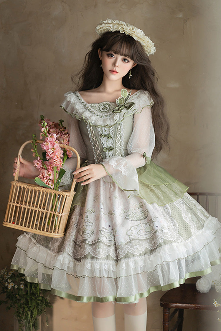 Green [Teacup Rabbit Little Fresh] Print Ruffle Bowknot Lace Lace-Up Sweet Lolita OP Dress