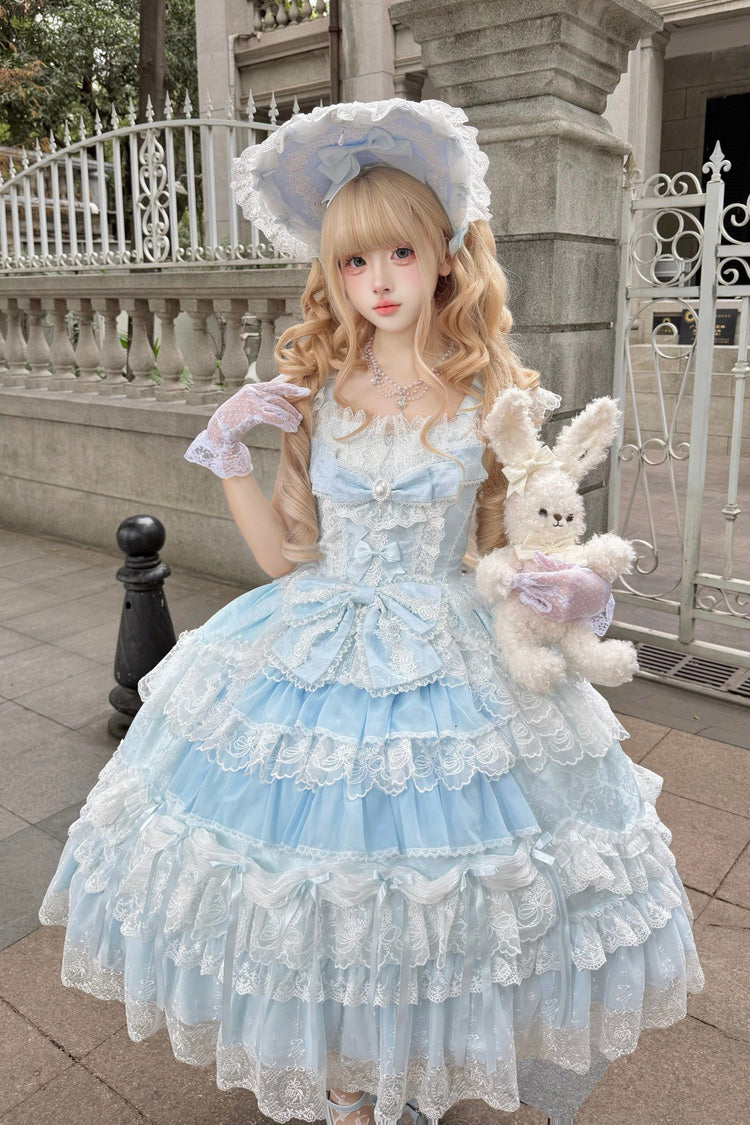 Blue [Eternal Floral Message] Square Collar Sleeveless Multi-Layered Hanayome Embroidered Bow Lace Sweet Lolita Jsk Dress