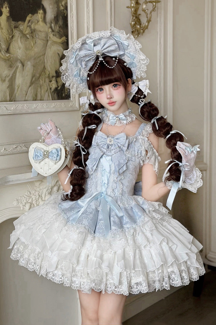 Blue [Pearl Ballet] Square Collar Sleeveless Multi-Layered Ruffled Bow Lace-Up Pearl-Decorated Sweet Ballet Lolita Jsk Dress