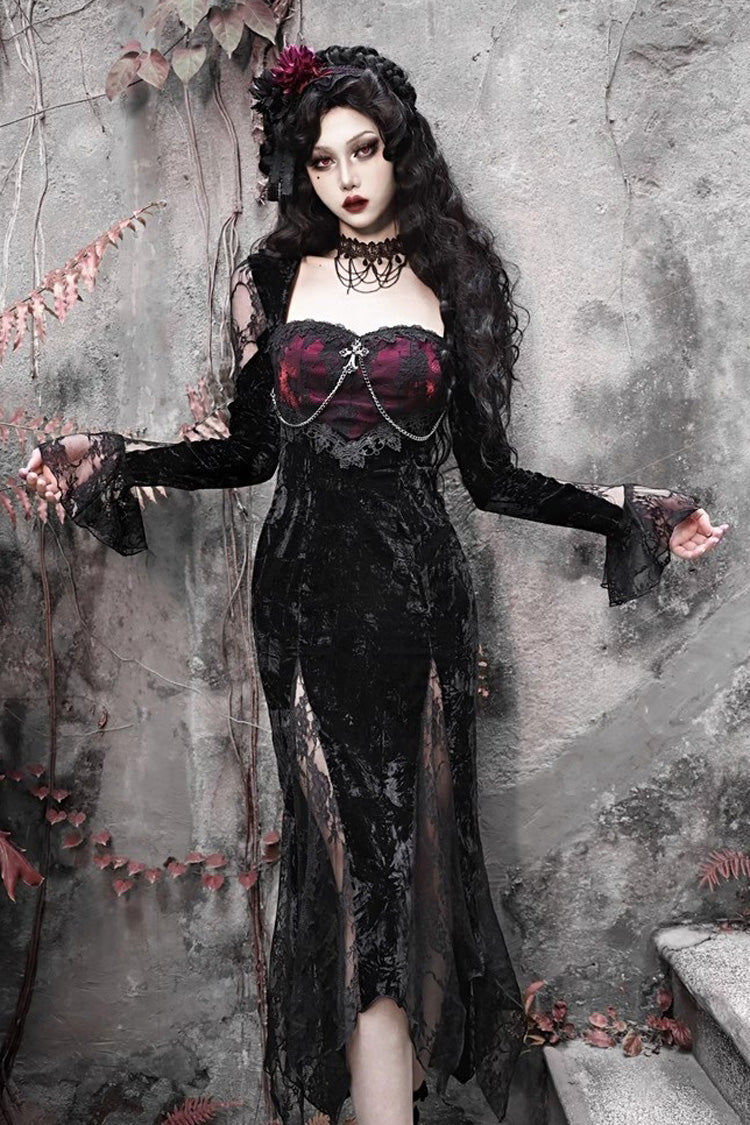 Black/Red [Rose Cemetery] Long Sleeves Lace Slim Gothic Lolita Fishtail Dress