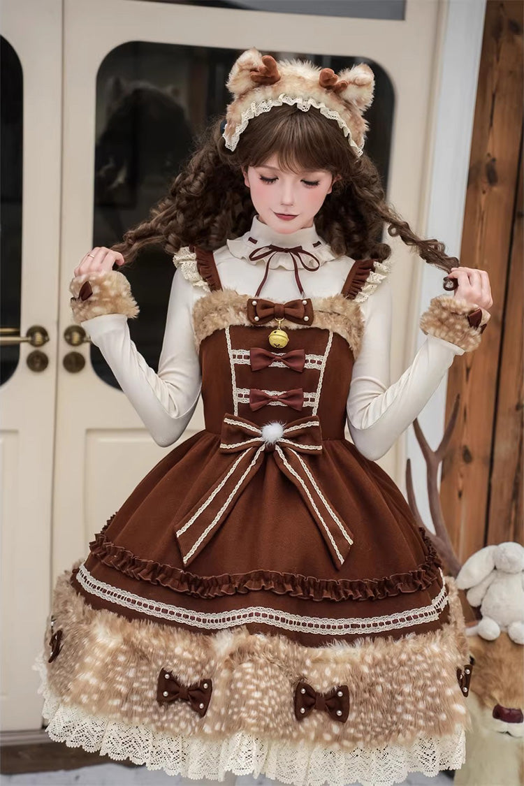 Brown [Hazelnut Moose] Sleeveless Ruffled Bow Plush Sweet Jsk Dress