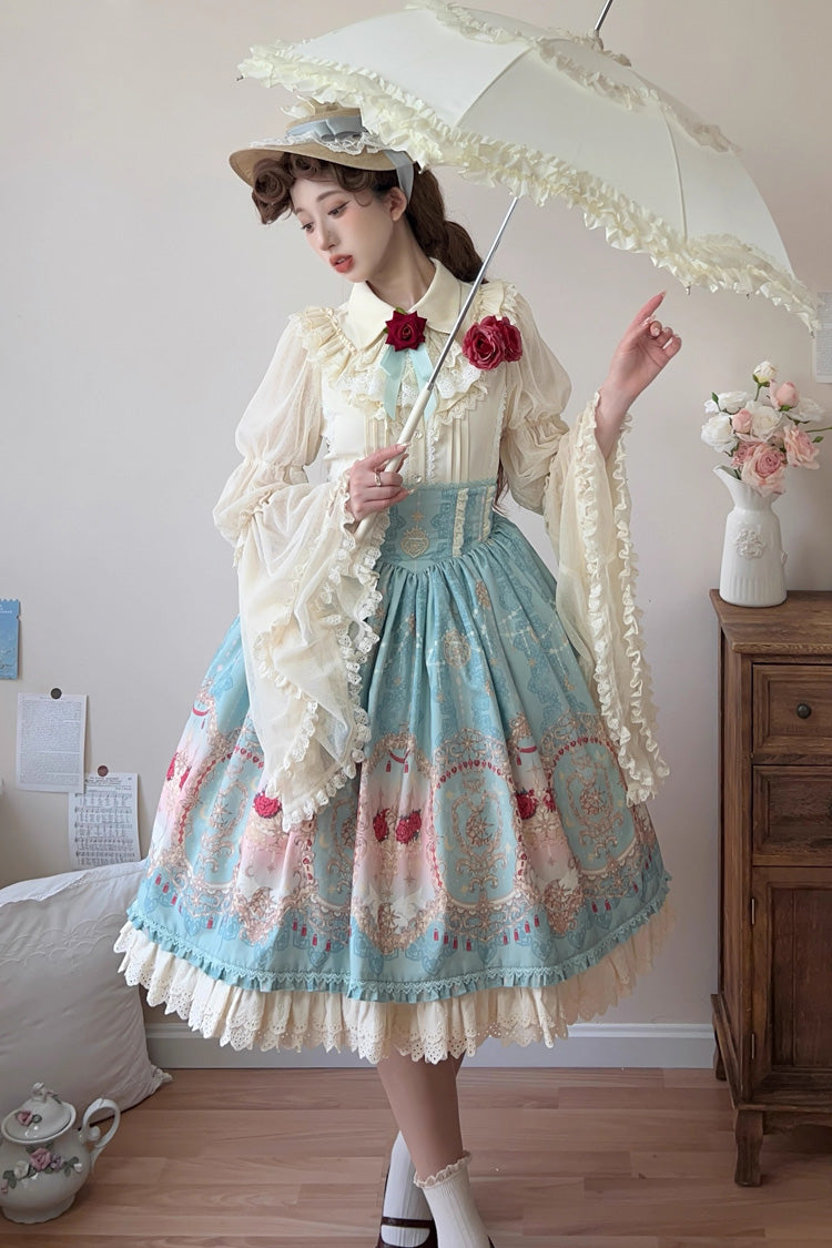 Blue [Moonlit Garden Secret] Print Ruffle Embroidery Lace Sweet Elegant Palace Lolita Skirt