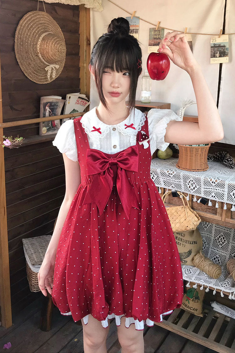 Red [Little Mushroom] Sleeveless Polka Dot Printed Ruffled Bow Sweet Lolita Jsk Dress