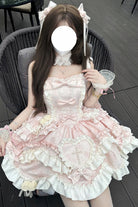 Pink [Heart of Butterfly] Halterneck Sleeveless Multi-Layered Ruffle Embroidery Princess Ballet Lolita Jsk Dress Set