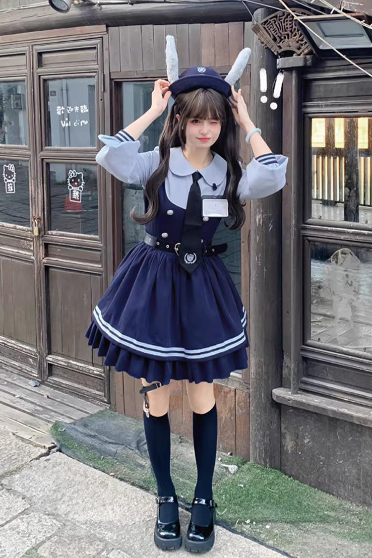 Blue [Rabbit Officer] Long Sleeves Printed Ruffled Faux Two-Piece College Style Sweet Lolita Dress