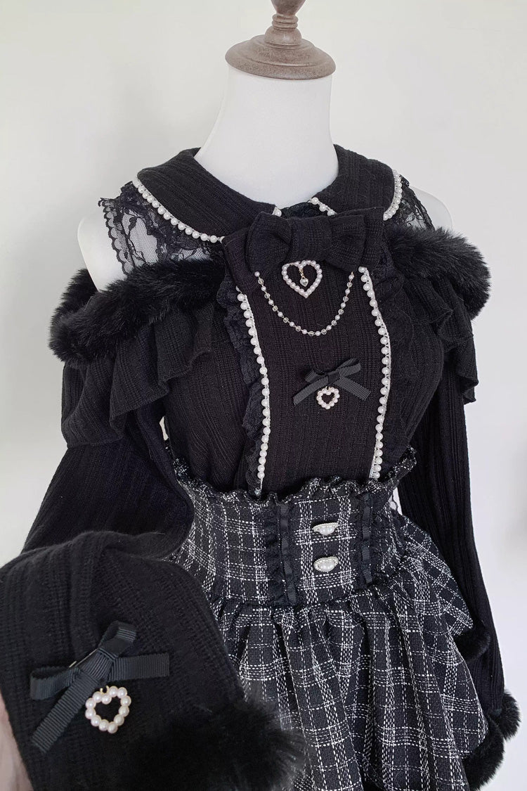 Jirai Kei Off Shoulder Long Sleeves Bow Lace Pearl-Decorated Sweet Knitwear 2 Colors