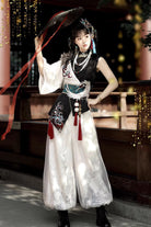 Black/White Stand Collar Single Long Sleeve Printed Embroidered Asymmetric Chinese Style Ouji Set