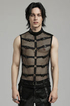 Black Stand Collar Sleeveless Straps Mesh Buckle Men's Punk Vest