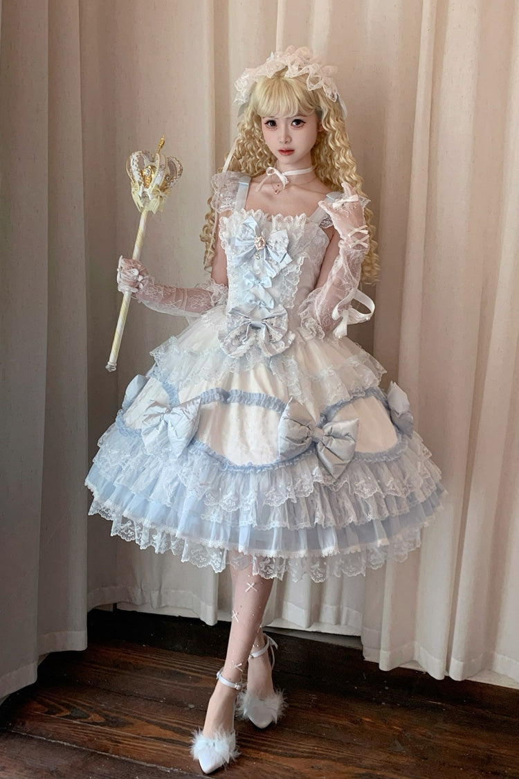 White/Blue [Flower Dream Isle] Square Collar Multi-Layered Ruffled Bow Lace Sweet Lolita Jsk Dress