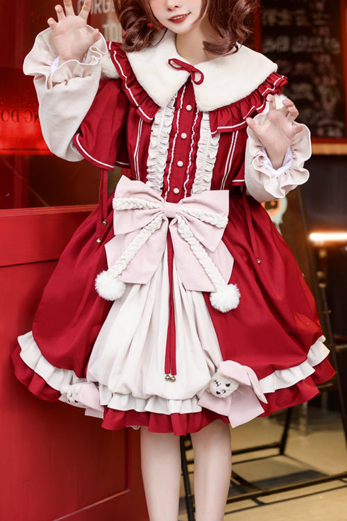 Red Round Collar Ruffled Long Lantern Sleeves Sweet Lolita OP Dress