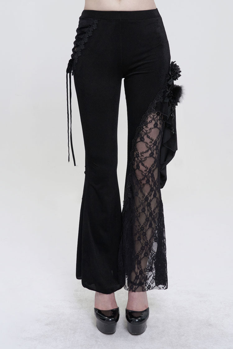 Black Velvet Single Side Stitching Rose Net Side Rope Decoration Asymmetric Pattern Flare Women's Gothic Pants