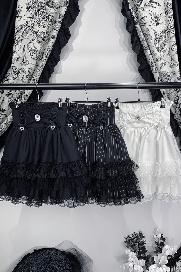 Jirai Kei Triple-Layered Printed Ruffled Bow Lace Sweet Japanese Skirt 3 Colors
