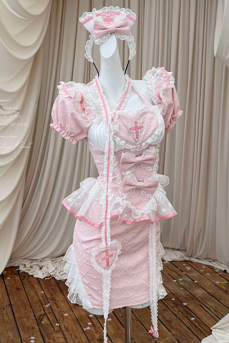 Pink [Little Nurse] Square Collar Short Sleeves Jacquard Ruffled Embroidered Bow Lace Chinese Style Sweet Lolita Skirt Set