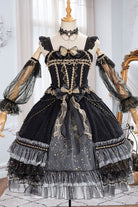 Black Starry Night Square Collar Bowknot Multi-Layer Ruffled Cardigan Gothic Lolita JSK Dress with Detached Sleeves
