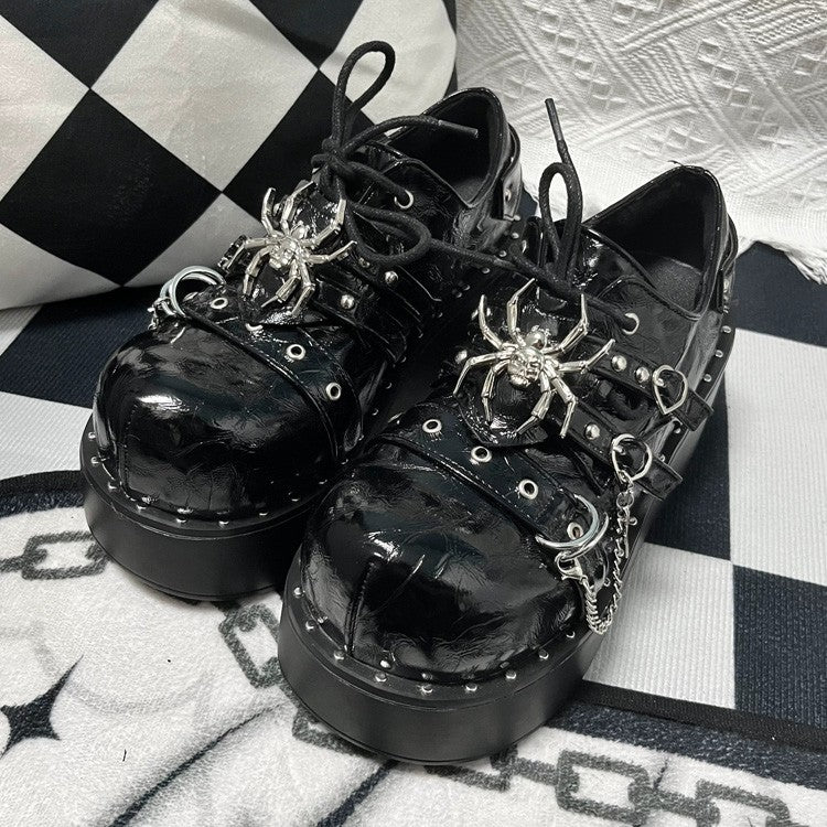Cracked Black Spider Design Multiple Straps Chain-Decorated Gothic Punk Platform Shoes