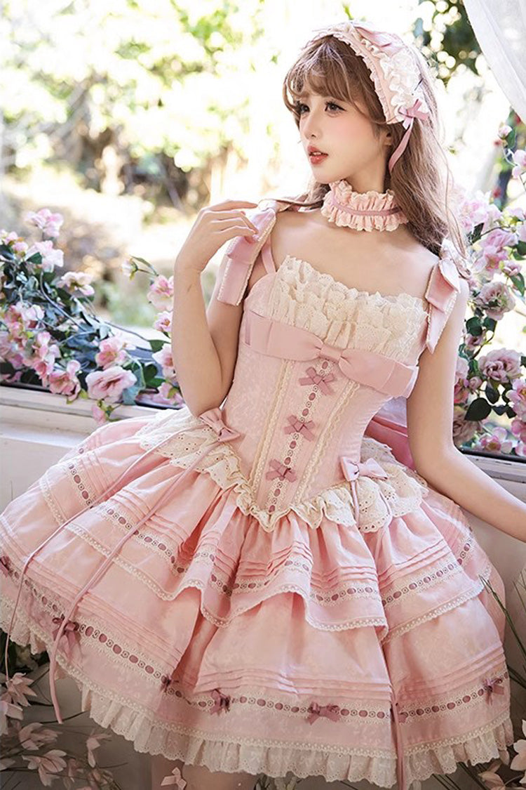Pink [Rose Theatre] Double-Layered Ruffle Bowknot Lace Sweet Princess Ballet Lolita Jsk Dress