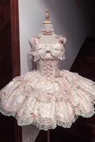 Pink [Floral Overture] Double-Layered Ruffle Embroidery Bowknot Lace Sweet Lolita Jsk Dress
