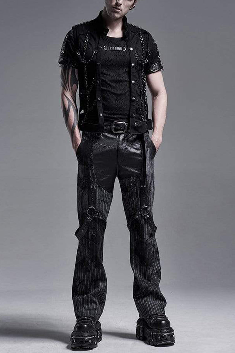 Black Stand Collar Single-breasted Metal Rivet Chain Decoration Hollow Mens Steampunk Vest