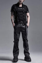 Black Stand Collar Single-breasted Metal Rivet Chain Decoration Hollow Mens Steampunk Vest