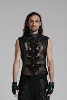 Black Stand Collar Sleeveless Mesh Triangle Eyelets Men's Punk Vest