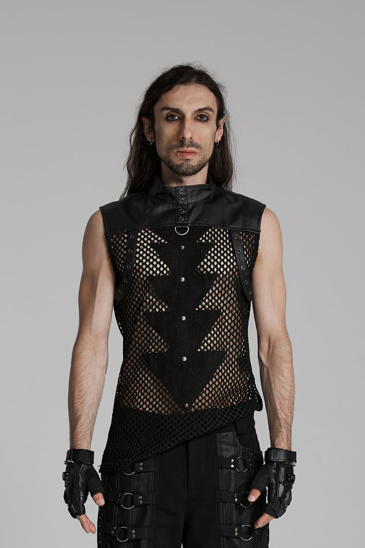 Black Stand Collar Sleeveless Mesh Triangle Eyelets Men's Punk Vest