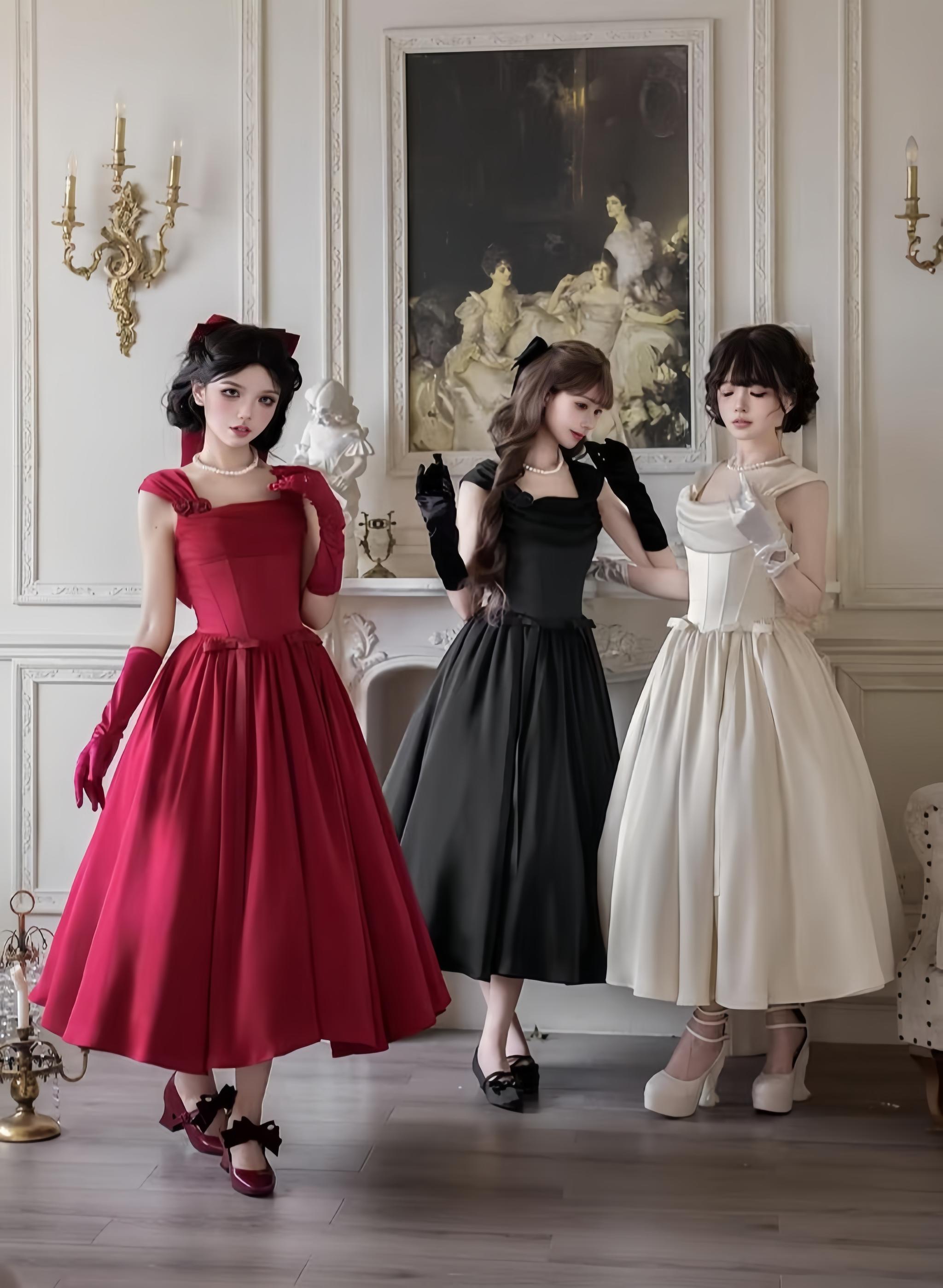 For Beloved - Classic Lolita Satin JSK Dress Set, Fishbone Waist