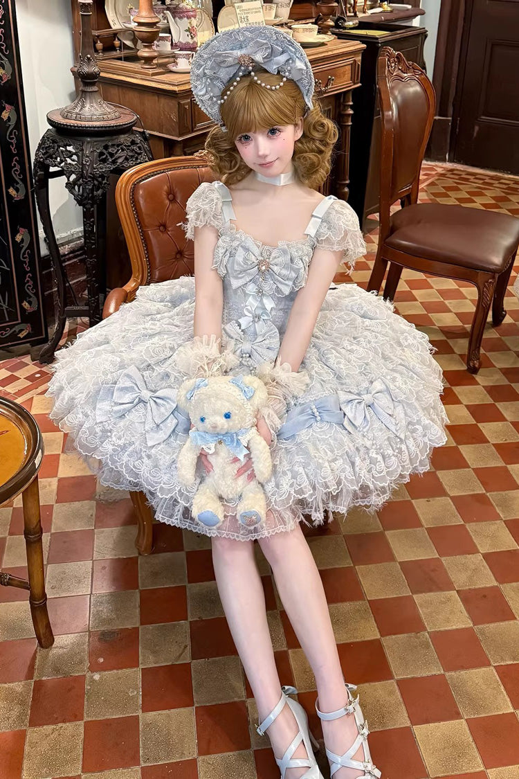 Blue [Cloudborne Snowfeather] Sleeveless Multi-Layered Hanayome Bowknot Pearl Gothic Lolita Jsk Dress