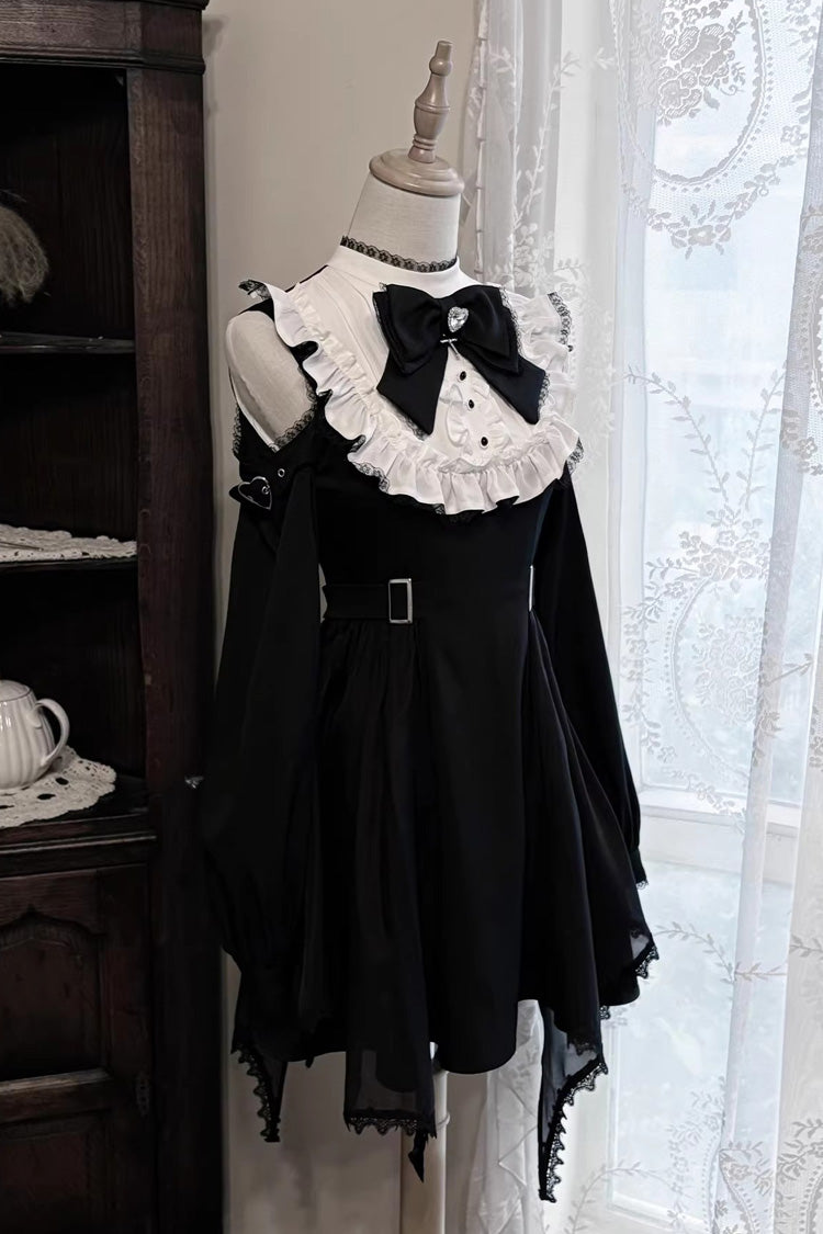 Black/White Stand Collar Off Shoulder Long Sleeves Ruffled Bow Lace Gothic Jirai Kei Japanese Lolita Dress