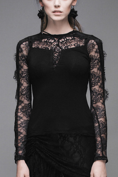 Black Sexy Lace Pattern Long Sleeves Gothic Womens T-Shirt