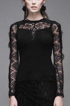 Black Sexy Lace Pattern Long Sleeves Gothic Womens T-Shirt