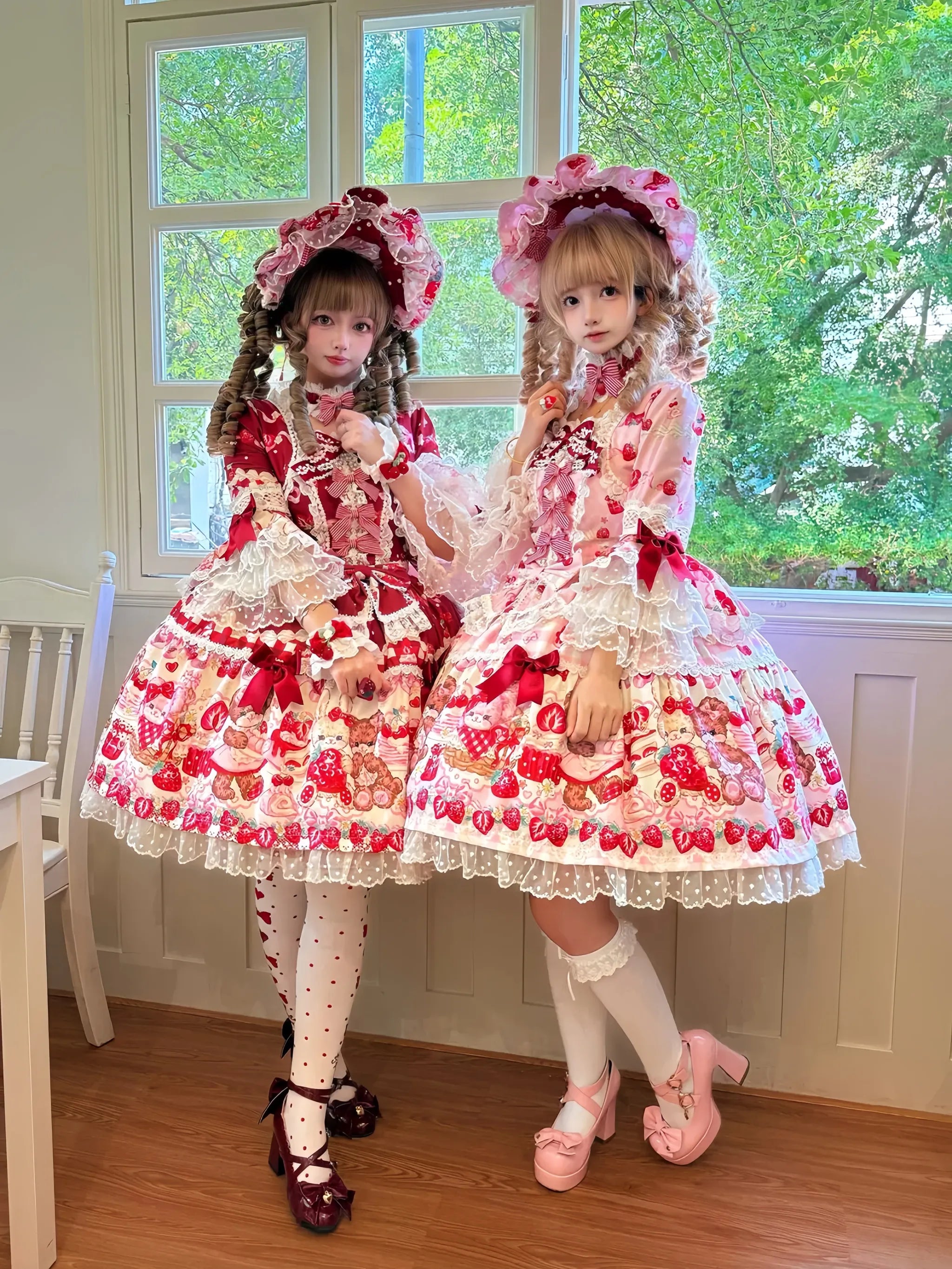 SweetBerry Bunny Bear - Sweet Lolita Hime Sleeve OP Dress, Strawberry and Bear Print