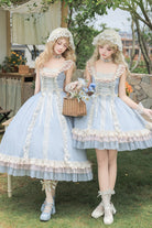 Blue [Island Diary] Square Collar Flutter Sleeves Triple-Layered Ruffled Lace-Up Sweet Lolita Jsk Dress 2 Versions