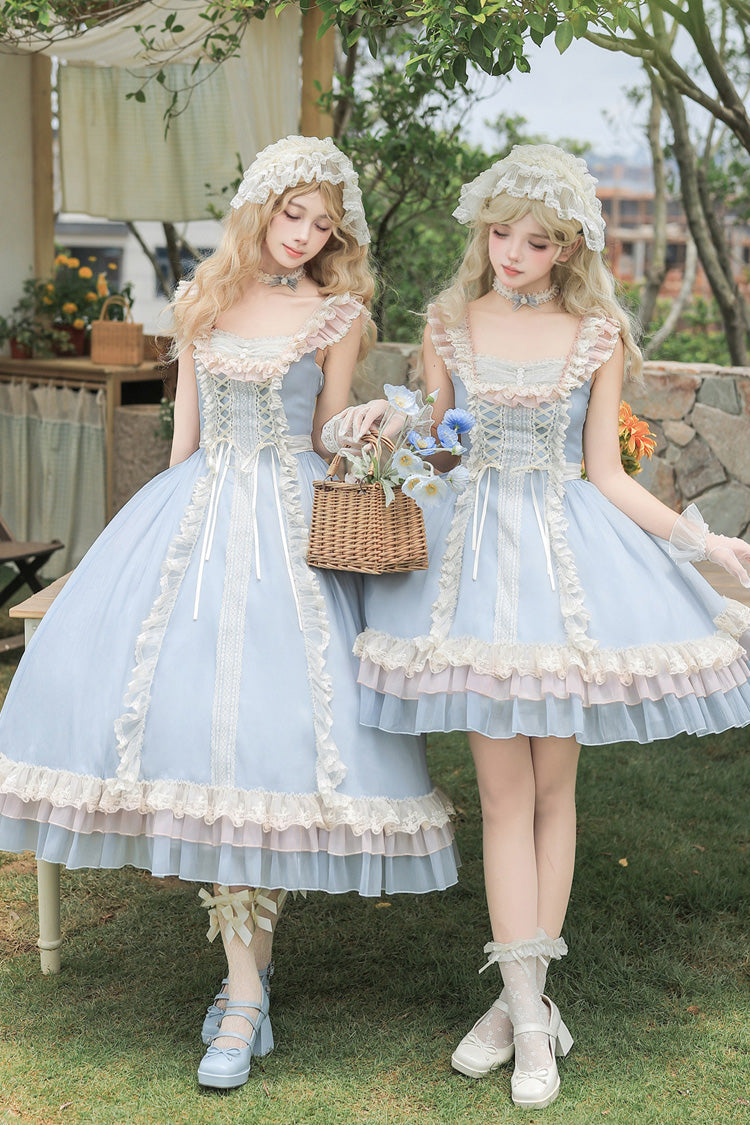 Blue [Island Diary] Square Collar Flutter Sleeves Triple-Layered Ruffled Lace-Up Sweet Lolita Jsk Dress 2 Versions
