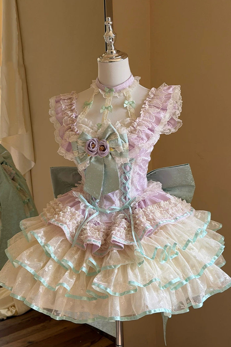 Purple [Flower Language of Eros] Halterneck Multi-Layered Ruffle Bowknot Rose Lace Lace-Up Sweet Ballet Lolita Jsk Dress