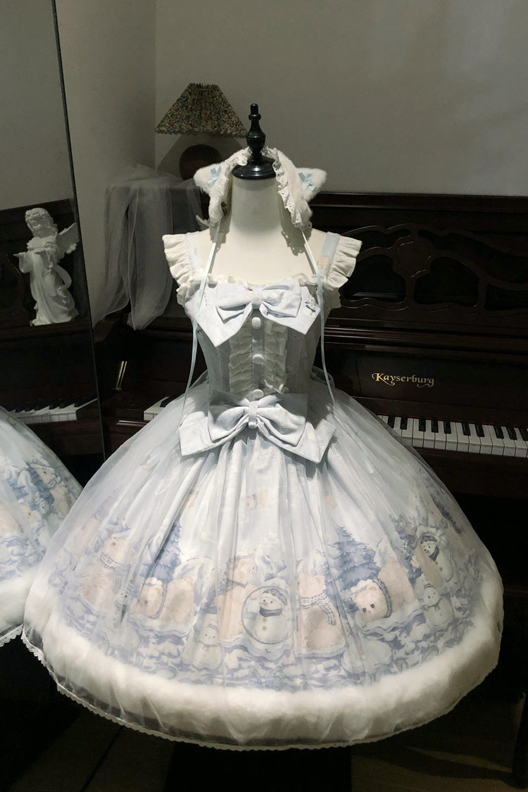 Blue [Snowman Bear] Square Collar Sleeveless Printed Ruffled Bow Sweet Lolita Jsk Dress