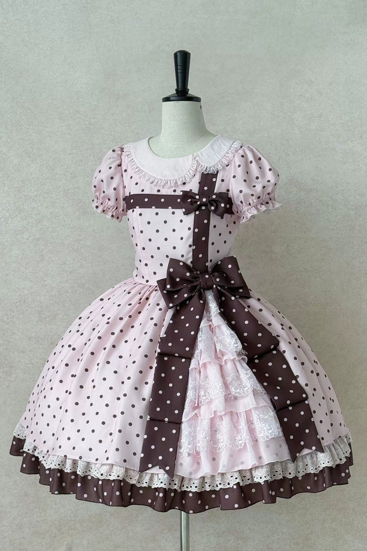 Pink [Canelé Gift Box] Round Collar Short Sleeves Double-Layered Printed Polka Dot Ruffled Open-Front Bow Asymmetric Sweet Lolita Dress Version 2