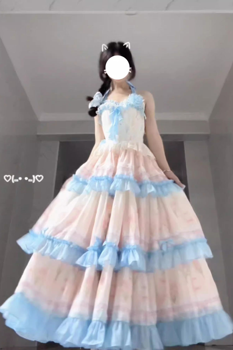 Blue/Pink [Meet the Sea] Triple-Layered Print Backless Ruffle Sweet Lolita Dress