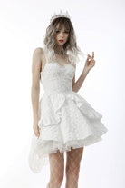 White Sleeveless High/Low Multi-Layered Jacquard Lace Lace-Up Women's Gothic Slip Wedding Graduation Dress