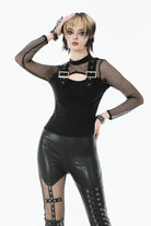 Black Women's Punk Long Sleeves Cut-Out Buckled Strap Mesh Splice Top