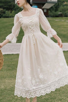 White Lantern Half Sleeves Lace Floral Embroidery Print Sweet Lolita Op Dress
