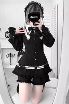 Black Long Sleeves Ruffled Bow Gothic Jirai Kei Dress Shorts