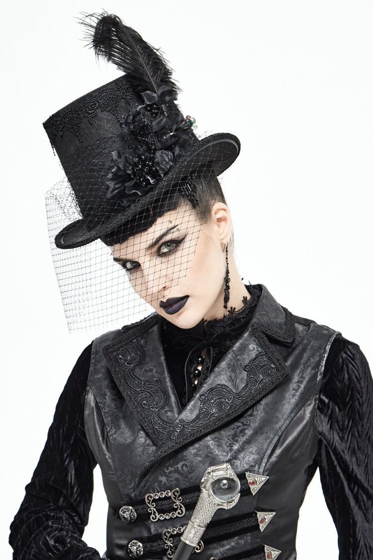 Black Women's Men's Gothic Noir Floral Feather Top Hat with Net Veil
