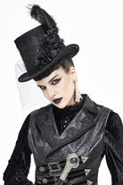 Black Women's Men's Gothic Noir Floral Feather Top Hat with Net Veil