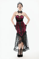 Black/Red Embroidered Velvet Spliced Lace Lace-Up Women's Gothic High/Low Maxi Skirt
