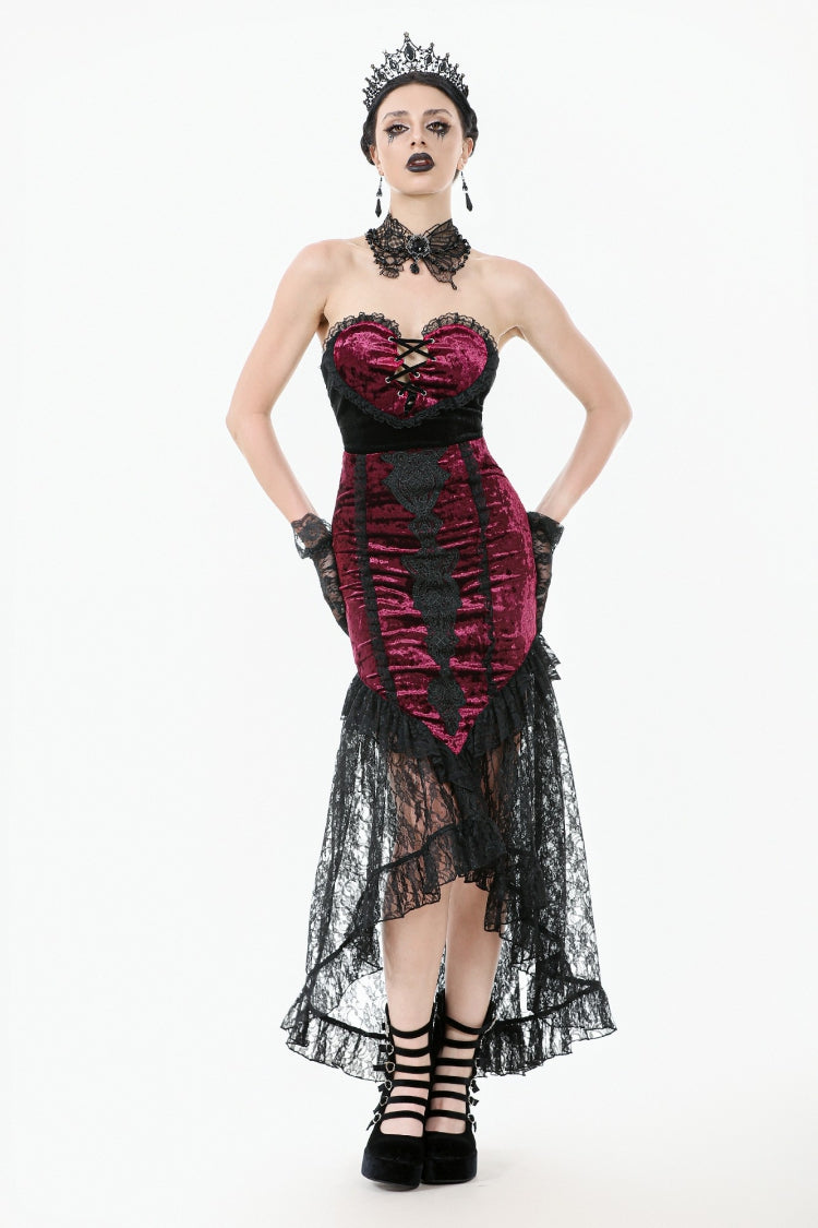 Black/Red Embroidered Velvet Spliced Lace Lace-Up Women's Gothic High/Low Maxi Skirt