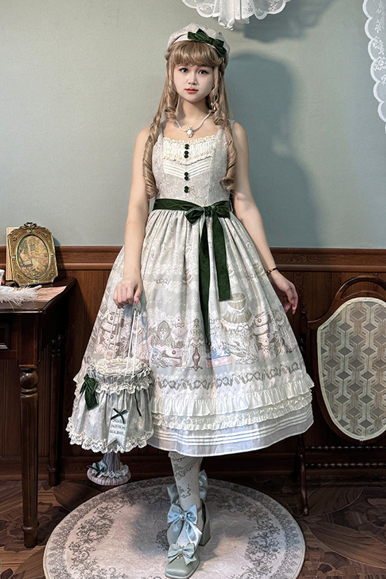[Iris Study] V Collar Sleeveless Print Bowknot Lace Sweet Lolita Jumper Dress 2 Colors